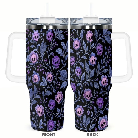 40oz Purple Gothic Skull Floral Travel Tumbler Insulated Car Cup with Handle Straw Stainless Steel Large Capacity Coffee Cup Dark Aesthetic Gift