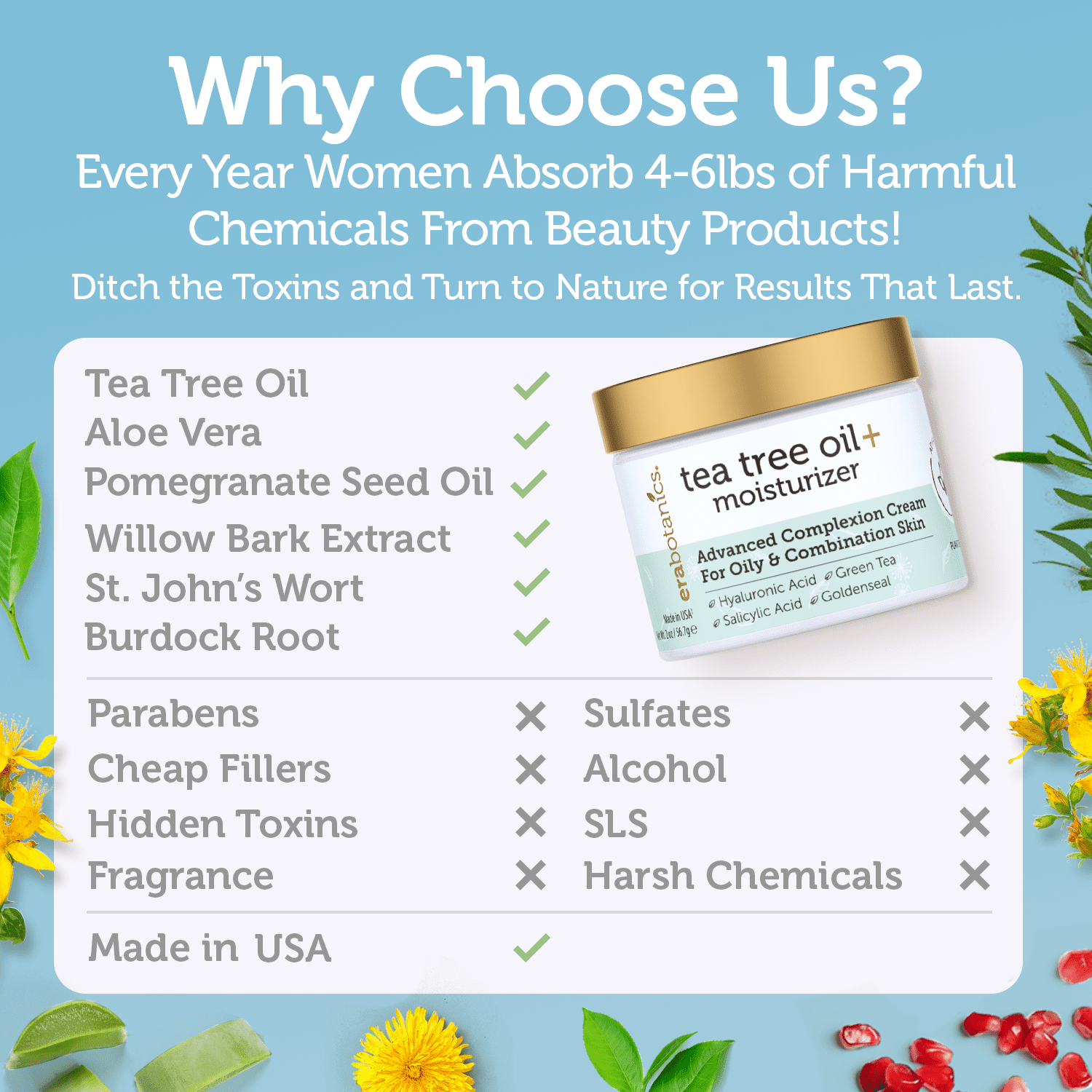 Era Organics Tea Tree Oil Face Cream - For Oily, Acne Prone Skin, Extra Soothing & Nourishing Non-Greasy Botanical Facial Moisturizer with 7X Ingredients For Rosacea, Cystic Acne, Blackheads & Redness