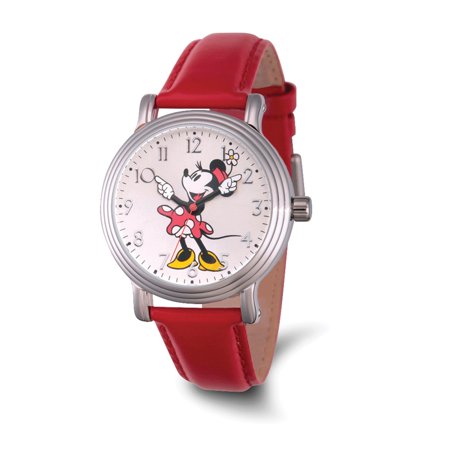 Articulating Classic Minnie Mouse Red Polka Dot Dress Women's Silver Vintage Alloy Watch, Red Leather Strap