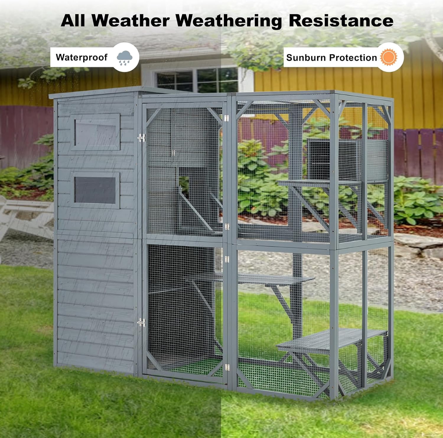 Erinnyees Large 4-Tier Cat Enclosure, Outdoor Catio & Indoor Cat House with Weatherproof Roof for Multiple Cats, 4 Rooms, 70"Hx32"Wx77"L, Gray Green