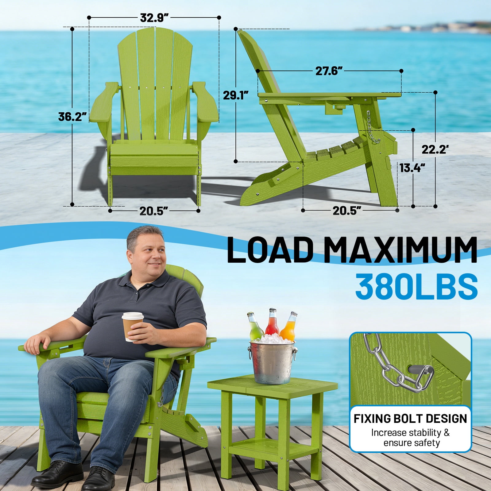 Easthome Adirondack Chair, HDPE All-Weather Outdoor Patio Lounge Chair with Cup Holder & 380lb Capacity for Deck, Garden, Poolside, Backyard - Green