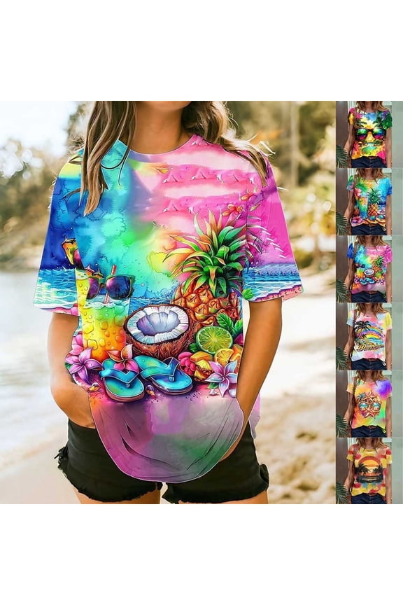 Hawaiian Shirts for Women Plus Size Crew Neck T Shirts for Beach Short Sleeve Summer Lightweight Tops and Blouses Dressy Casual Multicolor XXL