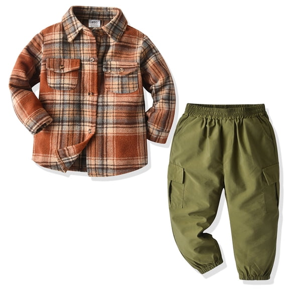 Esaierr 1-7 Years Boys Plaid Thickened Shirt Army Green Pants 2PCS Outfit for Toddler Kids,Spring Fall Long Sleeve Casual Shirt Pants Set