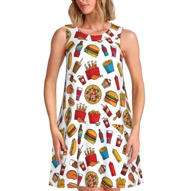 Easygdp Hot Dog Pizza para Vestido Transpirable de Mujer, Vestido Suelto de Manga Corta con Pliegues y Bolsillos para el Verano