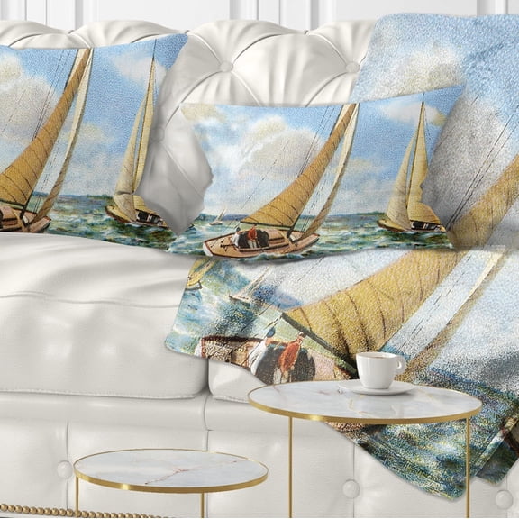 Designart Vintage Boats Sailing - Seascape Painting Throw Pillow - 12x20