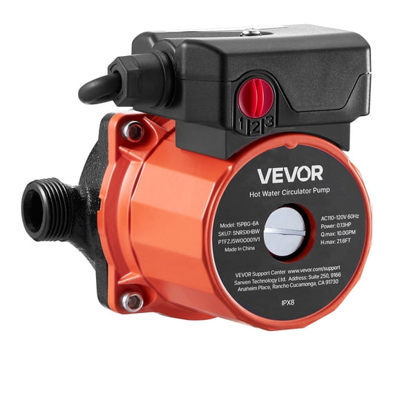 VEVOR Hot Water Recirculating Pump, 10 GPM, Instant Circulation Circulator Pump System, 3-Speed Control, 0.13 HP, 110-120V, NPT 3/4 in to NPT 1/2 in A