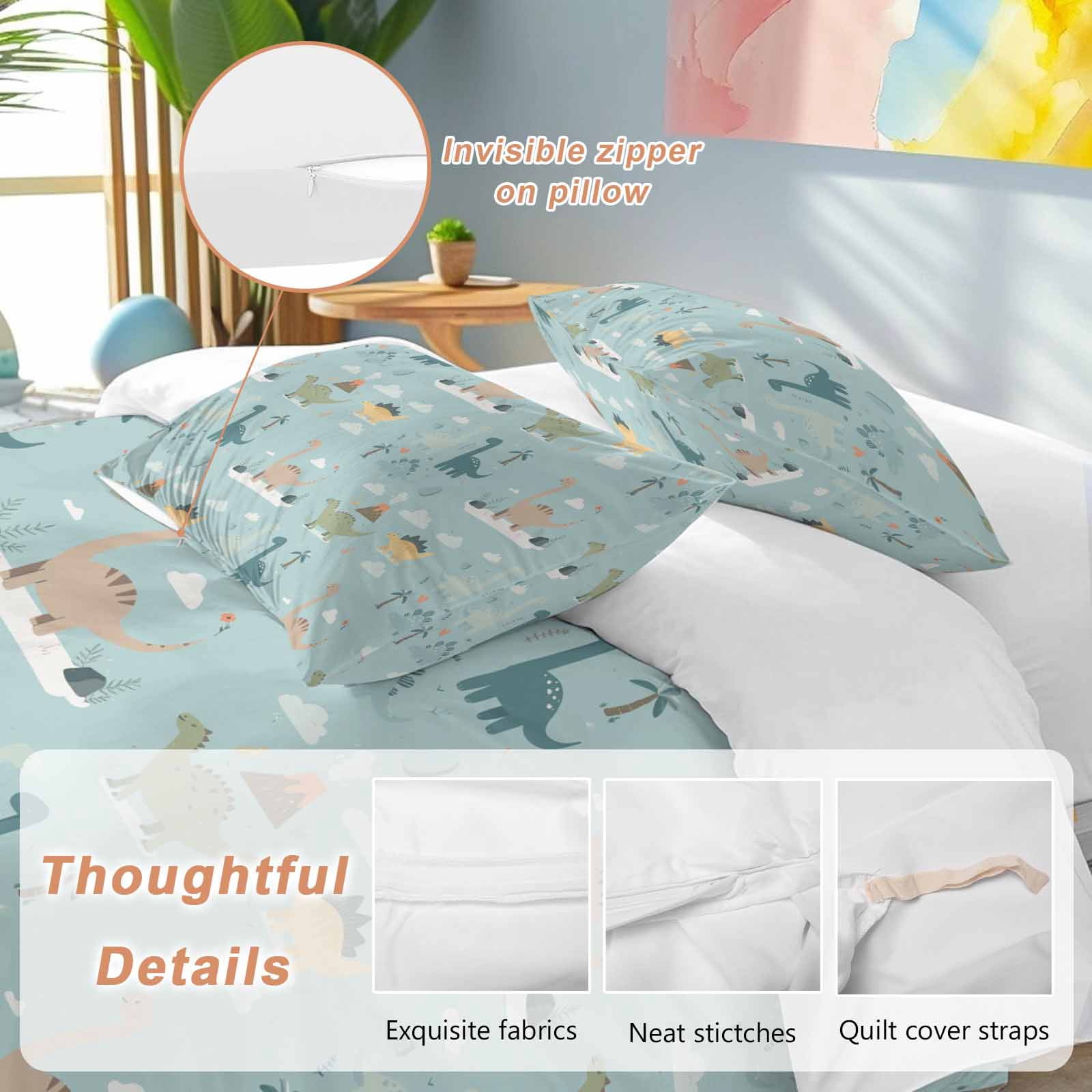 Cartoon Animals Bedding 3 Piece Duvet Cover Set Full Size, Funny Dinosaur Tropical Plants Blue Green Microfiber Comforter Cover with Zipper Closure & Pillowcases, Wrinkle & FadeResistant Quilt Cover
