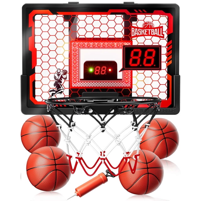 Aro de baloncesto de interior para niños - Aro de baloncesto profesional para colocar sobre la puerta, nuevo aro mejorado (2026) con tablero antiimpacto, marcador y 4 pelotas de baloncesto para niños