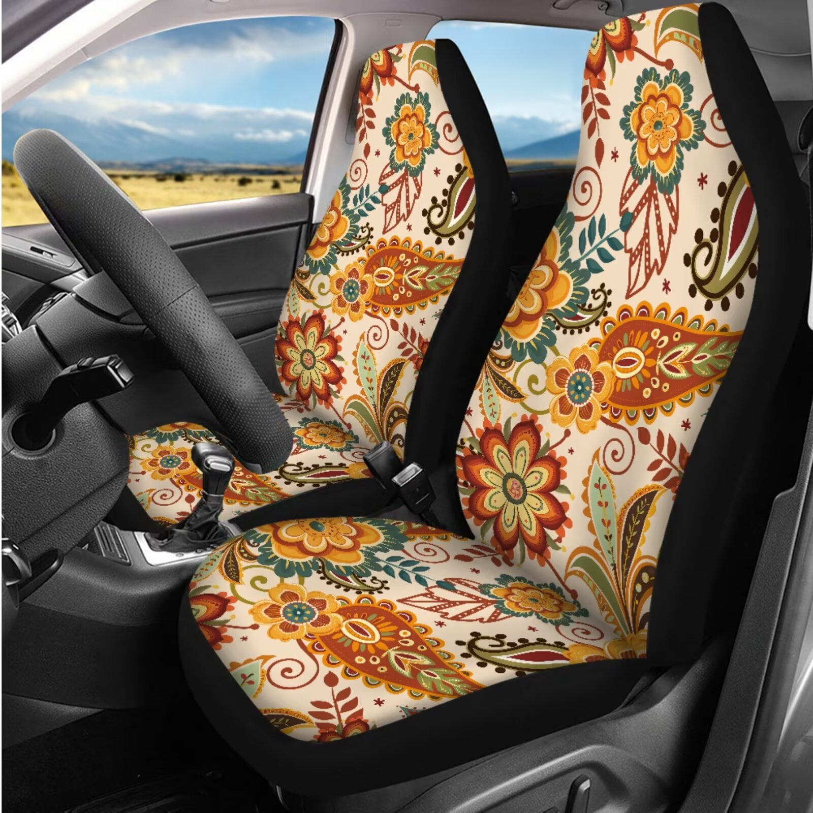 Binienty Bohemian Paisley Car Seat Covers Full Set with Steering Wheel Cover Headrest Protectors Seatbelt Shoulder Pads Machine Washable Fabric Universal Fit for SUV Truck Sedan Auto Interior Decor