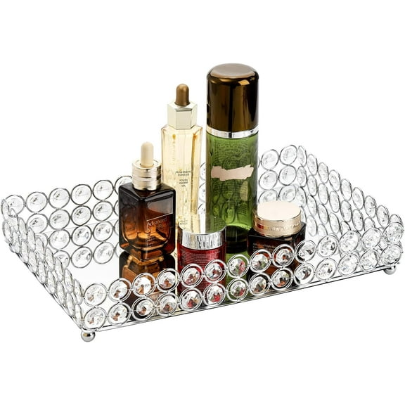 IEMIEBSHA Crystal Cosmetic Makeup Tray, 12.3" x 8" Mirrored Vanity Tray, Large Jewelry Trinket Organizer Tray, Ornate Decorative Tray for Dresser Countertop Wedding Home Bathroom