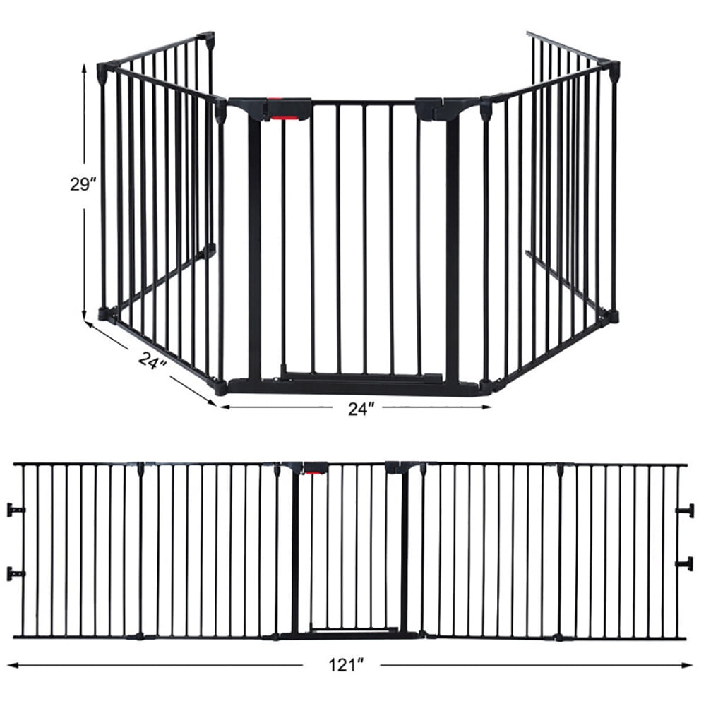 Kadyn Freestanding Pet Gate,Dog Fence Gates for Doorways, 115 Inch Length 5 Panel Adjustable Wide Fireplace Fence-Black