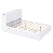 Euroco Full Size Wood Platform Bed with Trundle, Flexible 4-Tier Shelf in Headboard for Kids, White