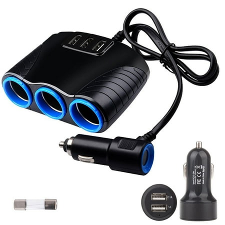 - EEKit Automotive 3 Socket Car Cigarette Lighter Splitter with 2 Port USB Car Charger, Power Adapter DC Outlet, for iPhon