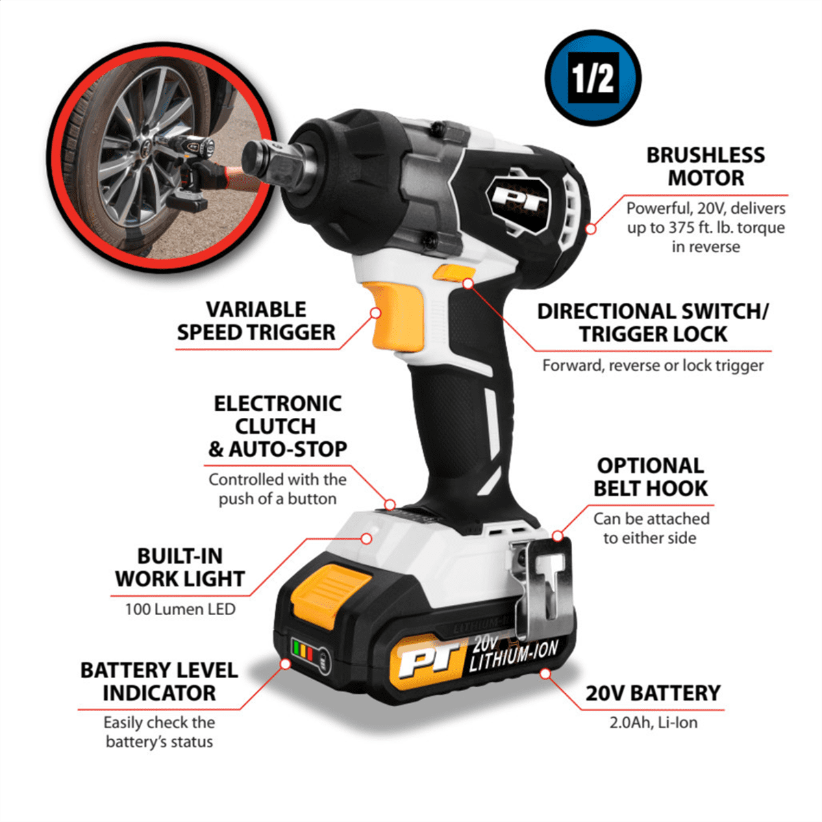 Wilmar Corp. / Performance Tool 20V Li-Ion 1/2" Brushless Impact Wrench