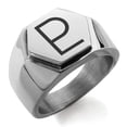 thumbnail image 1 of Stainless Steel Solar System Planetary Pluto Engraved Hexagon Crest Flat Top Biker Style Polished Ring, 1 of 1