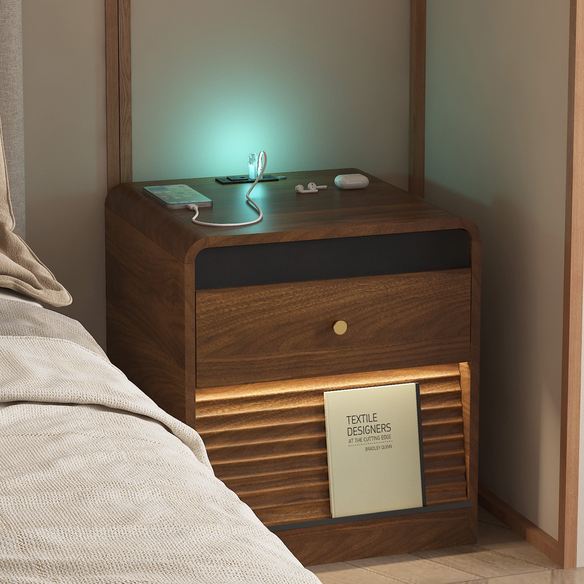 Aukfa Smart Nightstand with Charging Station, Side Table with Voice-Controlled 7-Color LED Light, Modern Bedside Table for Bedroom,Walnut