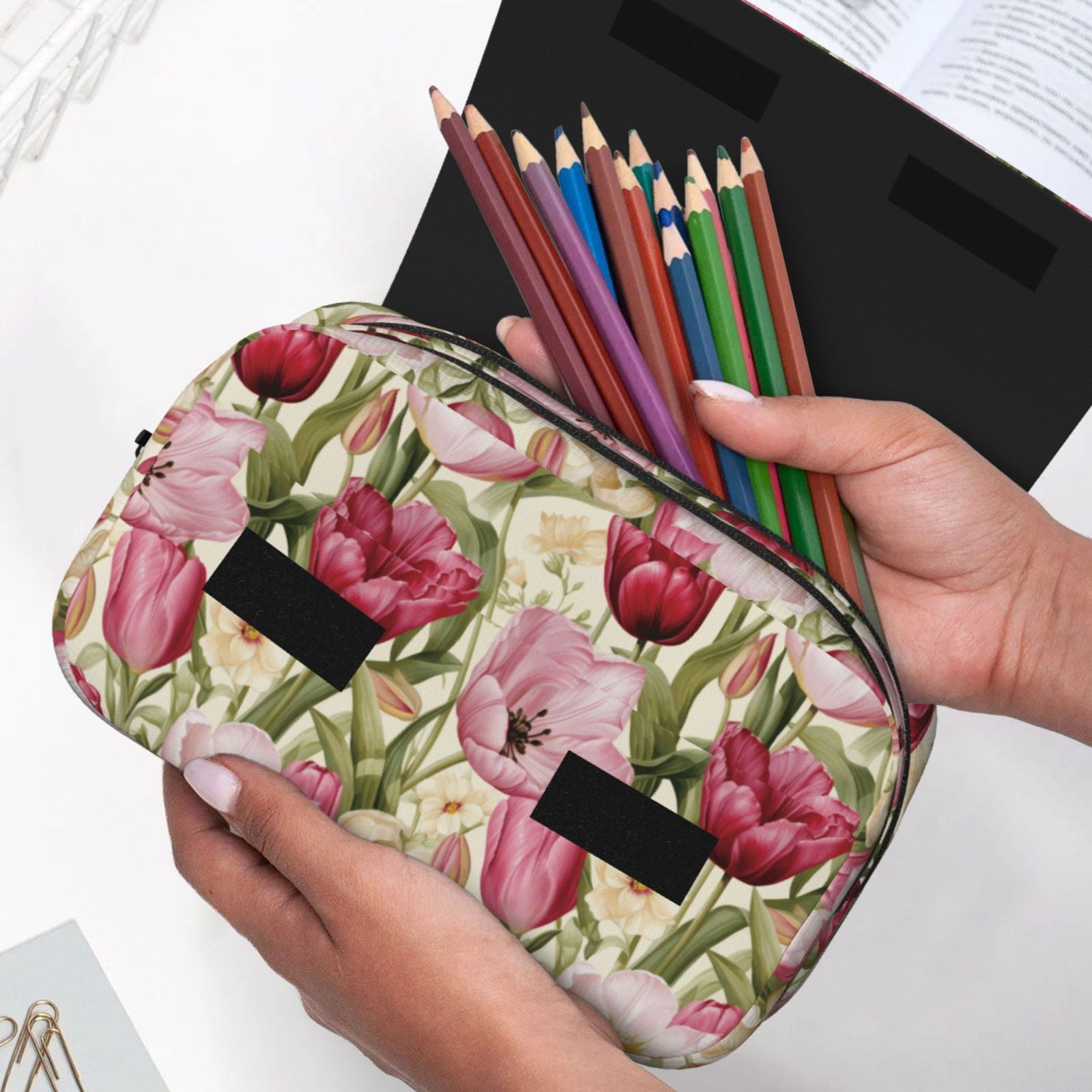 Rateoe Tulips Flowers Pattern Double Clamshell Pen Case, Storage Organizer with Two Zipper Compartments– Holds Up to 50 Pencils & Pens