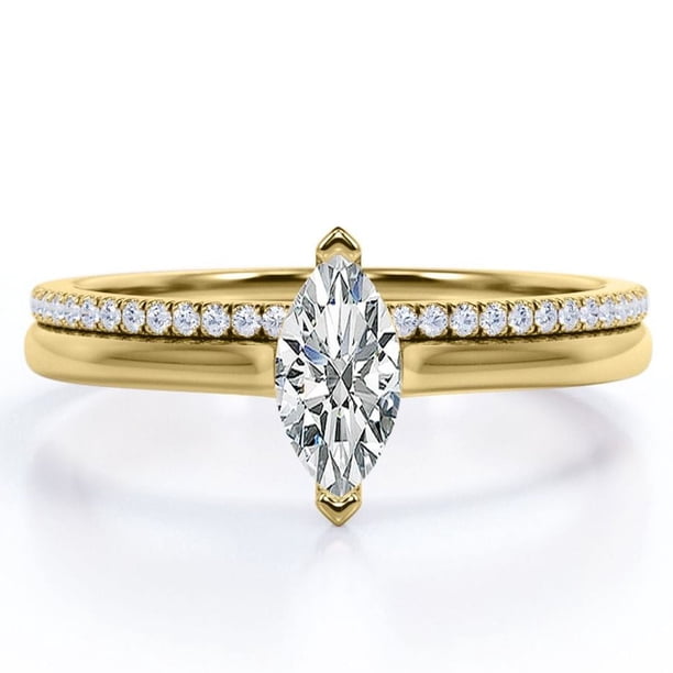 JeenMata Anillo de Bodas con Solitario de 1,75 Quilates de Talla Marquesa y Cuerpo Pavé, Engastado en Oro Amarillo de 18 K sobre Plata (Personaliza Tu Anillo de Bodas)