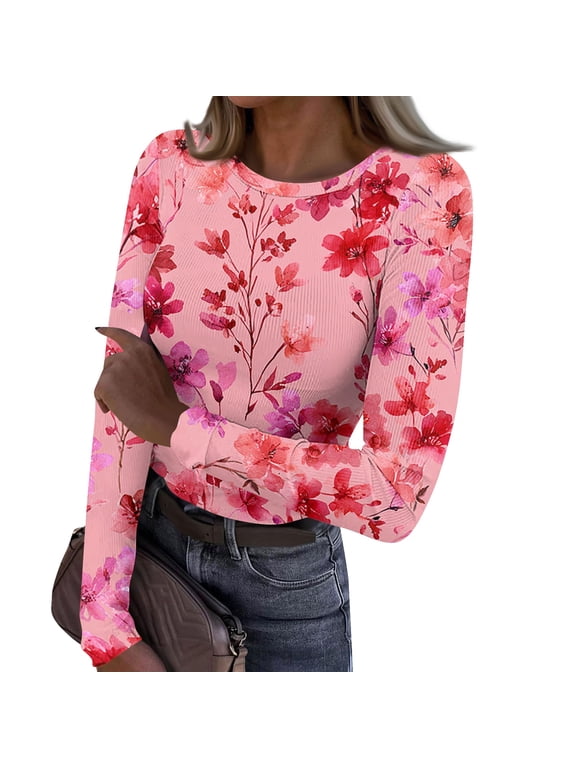 Women Ribbed Long Sleeve Top Crewneck Floral Print Slim Fit Pullover Lightweight Stretchy Shirts Soft Basic Tees Casual Fall Street Outfits