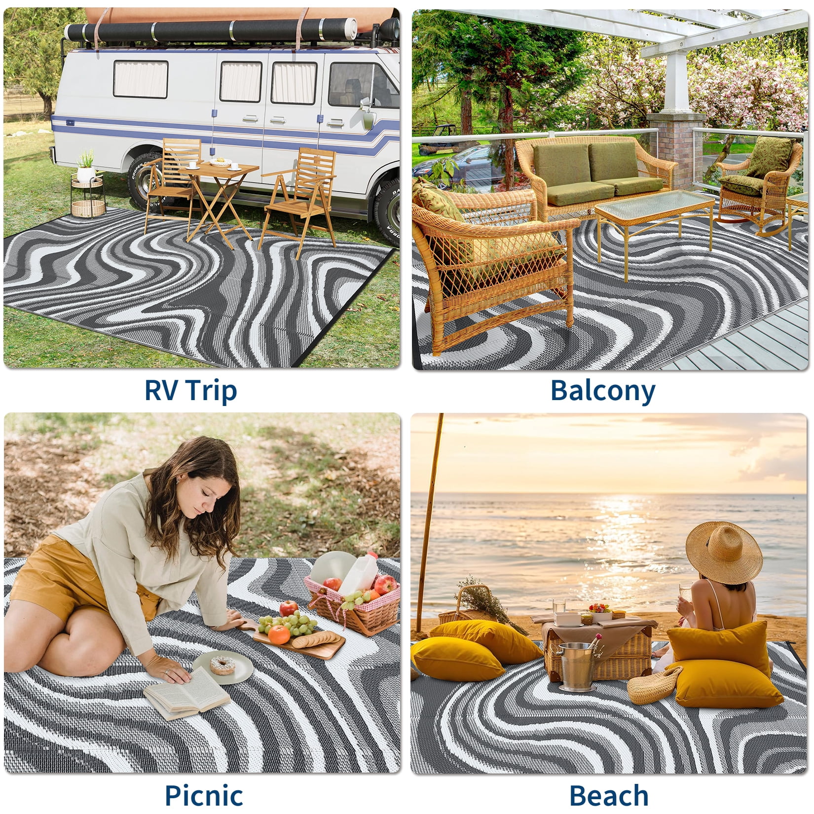 Garvee Outdoor Rug 5'x8' Abstract Plastic Area Rug Waterproof Reversible Outdoor Carpet, Plastic Straw Rug for Patio RV Camping Balcony Deck Backyard, Gray