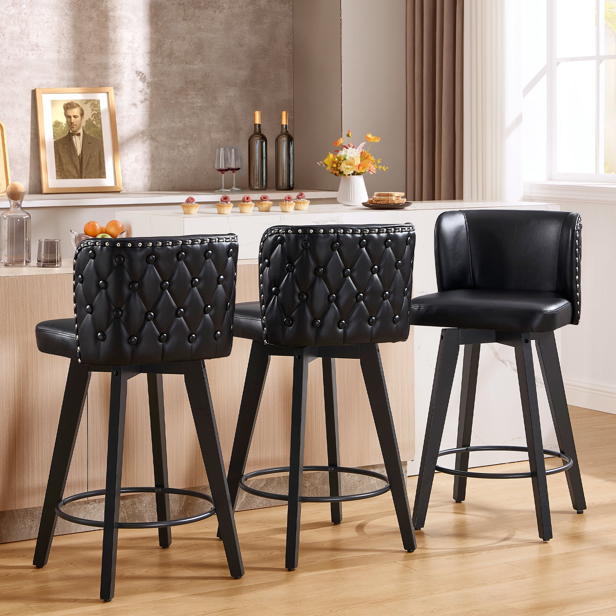 TEWLOSS Counter Height Bar Stools Set of 3, 27.5in Swivel PU Leather Bar Chairs with Curved Back for Kitchen Island, Black