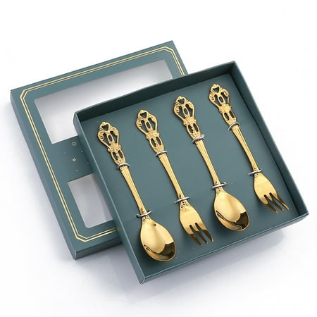 

Antique Embossed Dessert Spoon European Hollow Coffee Spoon Creative Cake Spoon Fork Gold-plated Spoon With Hand Gifts