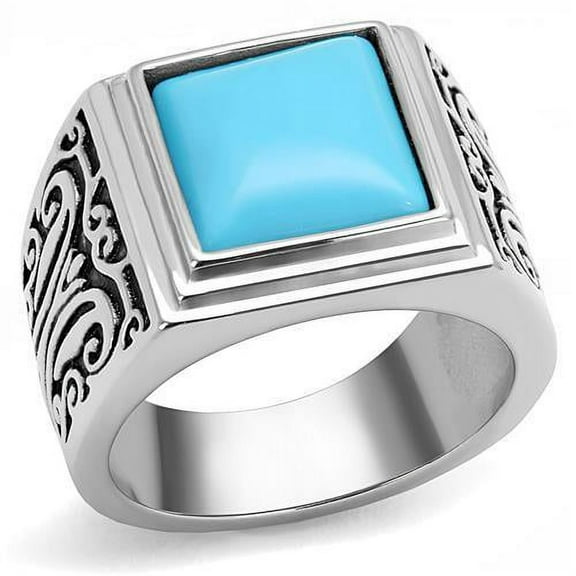 Mens Ring Squared Stainless Steel Ring with Synthetic Turquoise in Sea Blue