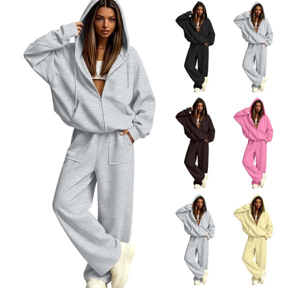 Tqcoqu Women's Oversized Zip Up Hoodie Tracksuit Set, Long Sleeve Hooded Jacket & Elastic Waist Pocket Wide Leg Pants Casual 2 Piece Outfit