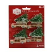 Holiday Time Mini Red Wooden Finish Car With Green Tree Ornaments, 4CT