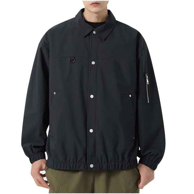LOVZFMLL Jackets for Men Man Flip Collar Solid Color Easy Shuai Work Clothes Outdoors Zipper Pocket Loose Coat