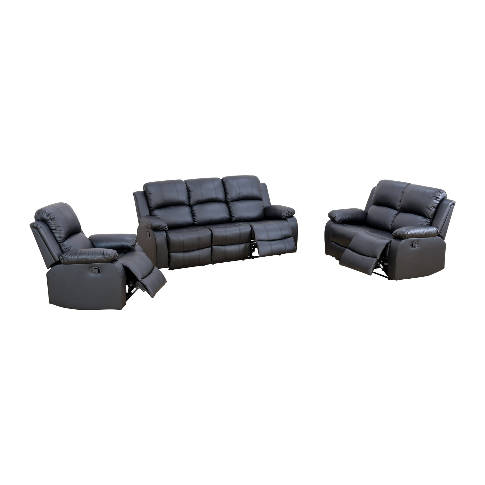 Gewnee Black 3-Piece Living Room Air Leather Recliner Sofa Set