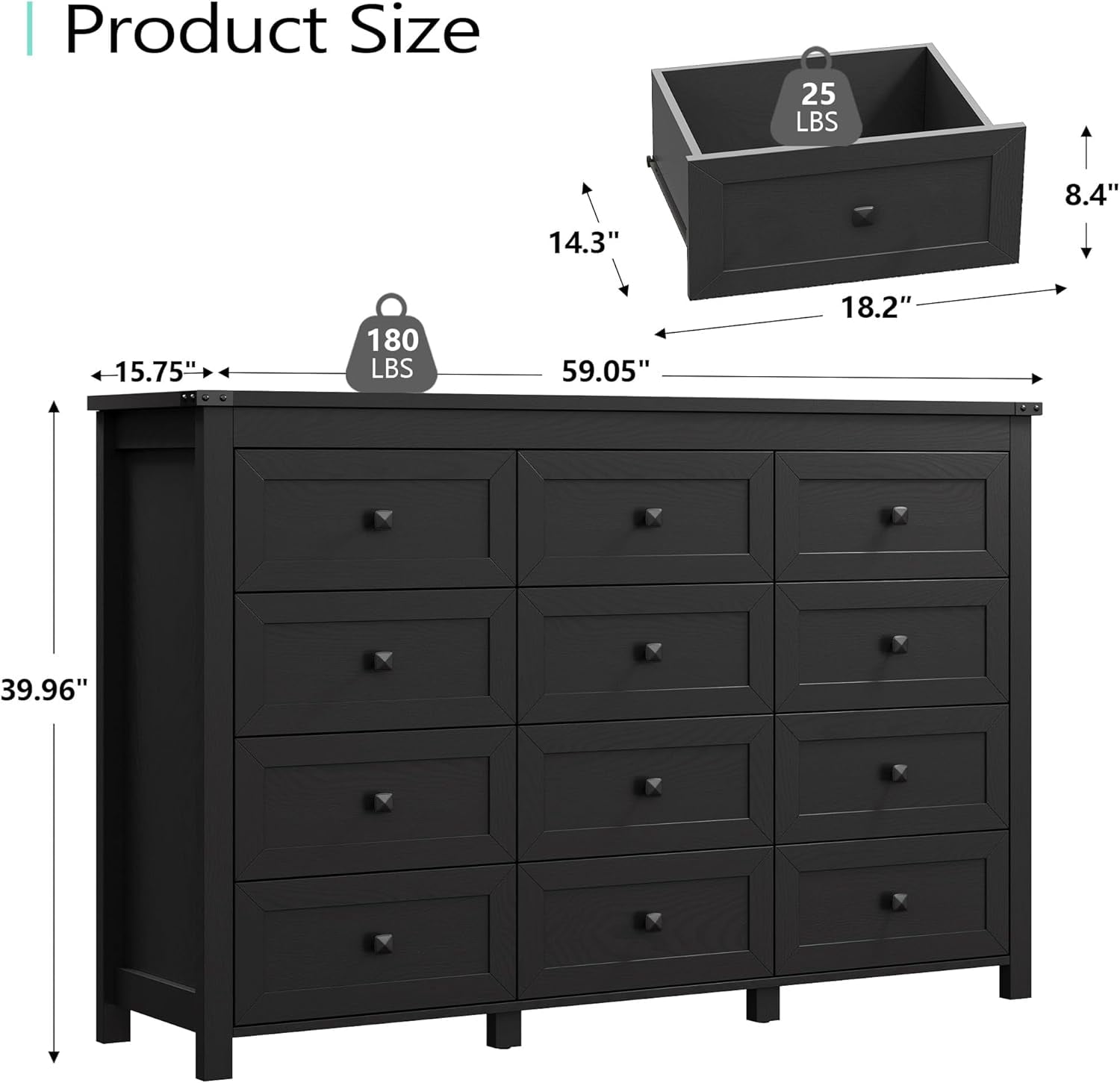 FANRAL Dresser for Bedroom with 12 Drawers,Wood Metal Handle Closet Storage Cabinet,Wide TV Stand Chests of Drawers,Black Dresser