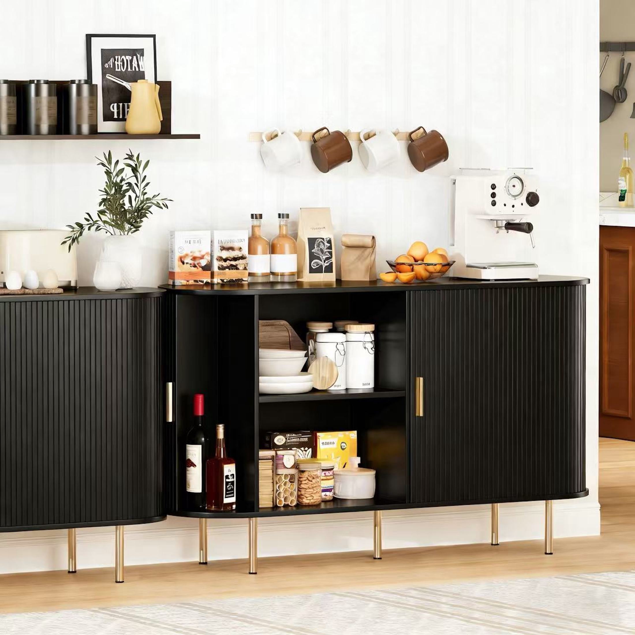 Aisword Sideboard Buffet Cabinet with Storage,Mid Century Modern Fluted Accent Coffee Bar Console Table,Tambour Sliding Doors& Adjustable Shelf for Kitchen, Living Room, Entryway, 55 Inch Black