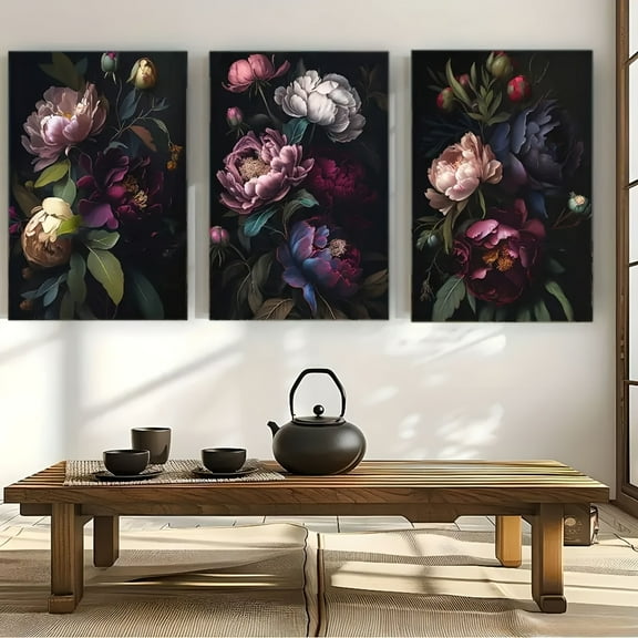 3 Pieces Art Deco Floral Canvas Wall Art Set, Ink Landscape Theme, Suitable for Home Office, Living Room, Bedroom, Kitchen, Indoor and Outdoor Decoration, Frameless Canvas Painting