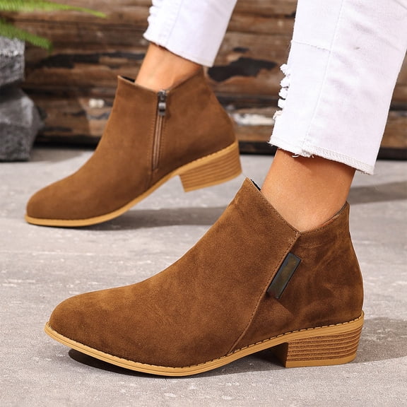 Mfakffe Womens Boots Side Zipper Low Stacked Block Heel Short Booties Classic Round Toe Casual Ankle Boots Fall Winter Daily Outfits