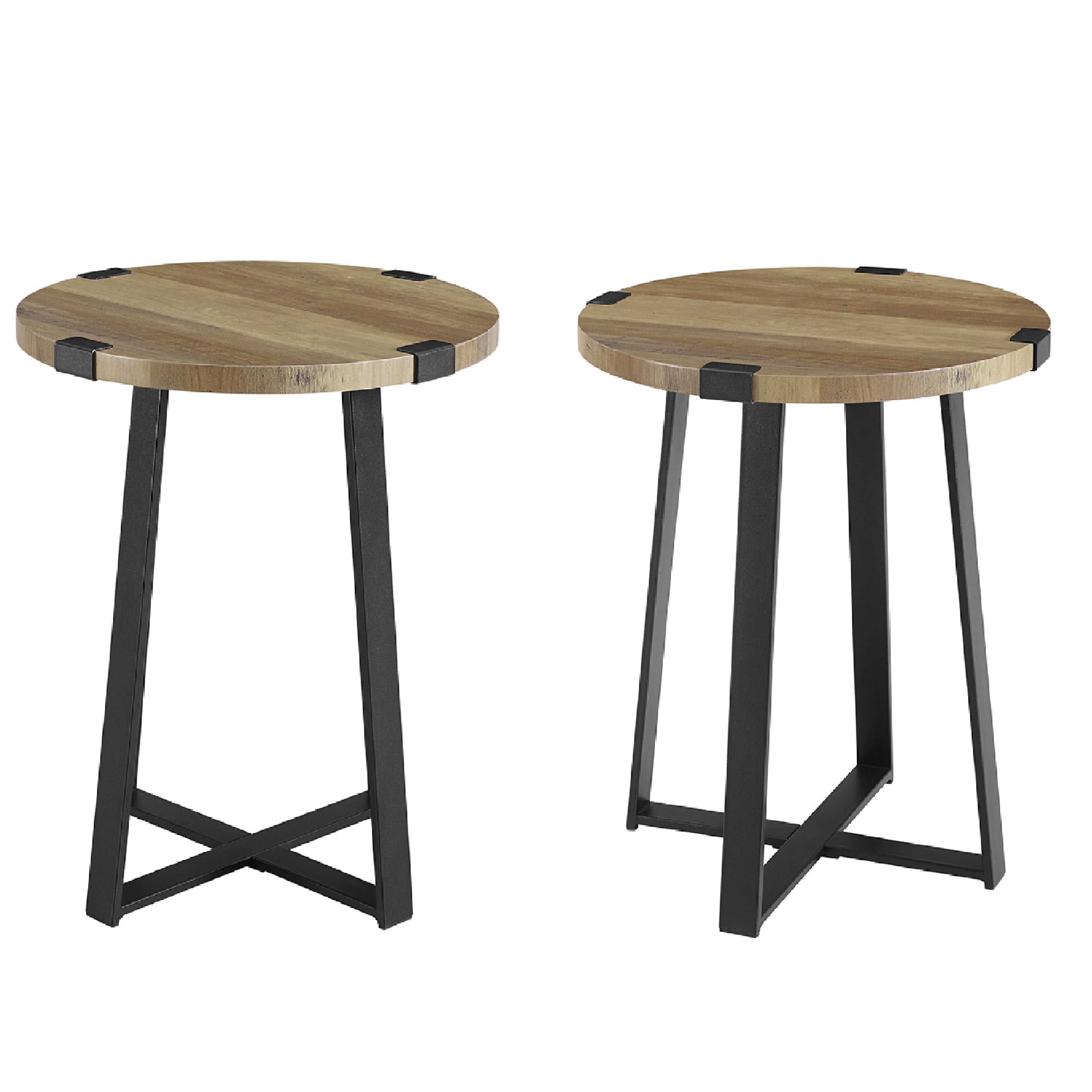 Rustic Wood and Metal Round Grey Wash End Table by Manor Park, Set of 2