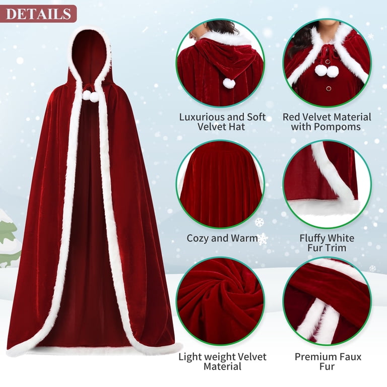 Christmas Costume Mrs Santa Claus Cloak Velvet Red Cape Hooded Fancy Dress Christmas Party