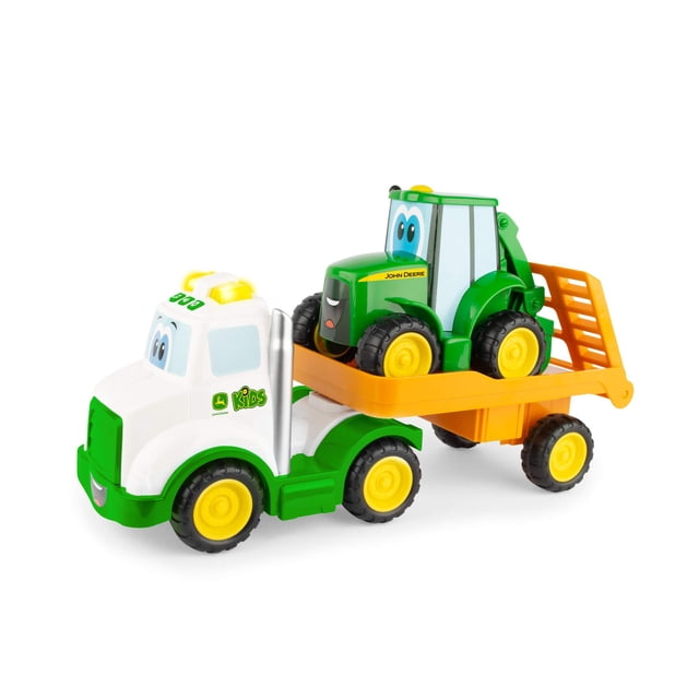 JOHN DEERE Lights & Sounds Farmin' Friends Hauling Set - Incluye camión de juguete y retroexcavadora - Juguetes para niños de 18 meses en adelante