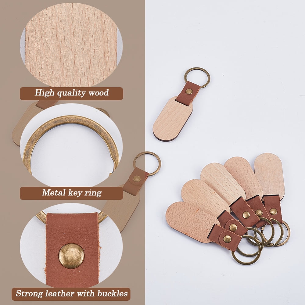25Pcs Leather Wood Keychains Wood Blank Keychain Bulk Imitation Leather Strap Unfinished Wooden Oval Engraving Pendant Key Chains Tags