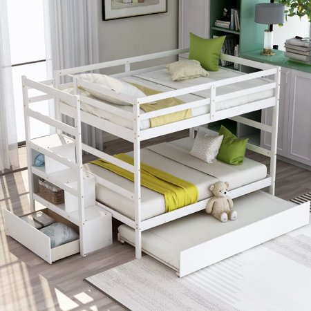 Full over Full Bunk Bed with Stairs for Kids  Solid Wood 3-in-1 Bed Frames with Pull-out Trundle and Storage Staircase  Versatile Bed with Full-length Guardrails for Boys and Girls  White