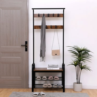 4-in-1 Hall Tree with Shoe Bench, Coat Rack with 9 Removable Hooks and a Hanging Rod, Shoe Storsge Bench for Entryway, Rustic Brown and Black