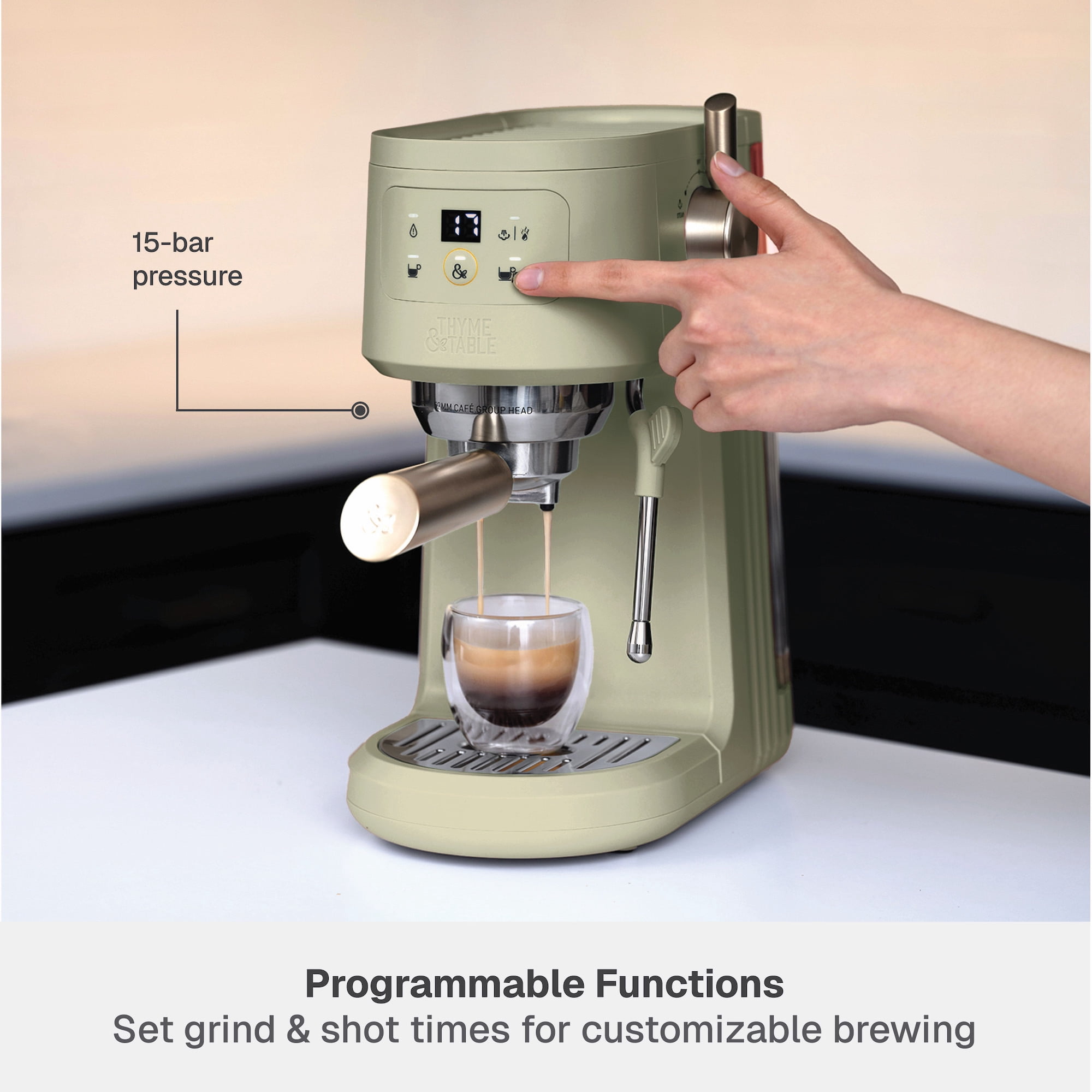 Thyme & Table Barista Mini Espresso Machine with 15-Bar Pressure and Steam Wand, Eucalyptus Green