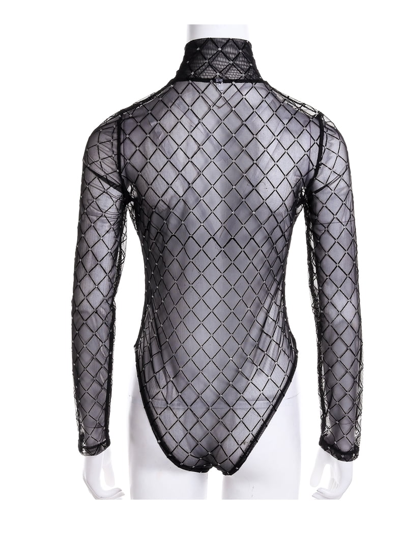 Diconna Women New Black Sheer Mesh Lace Jumpsuit Long Sleeve Top