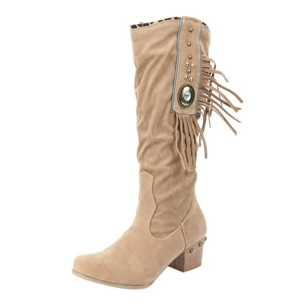 Oyedens Tassel Knee High Cowboy Boots for Women Boho Vintage Wide Calf Knee Length Riding Cowgirls Boots