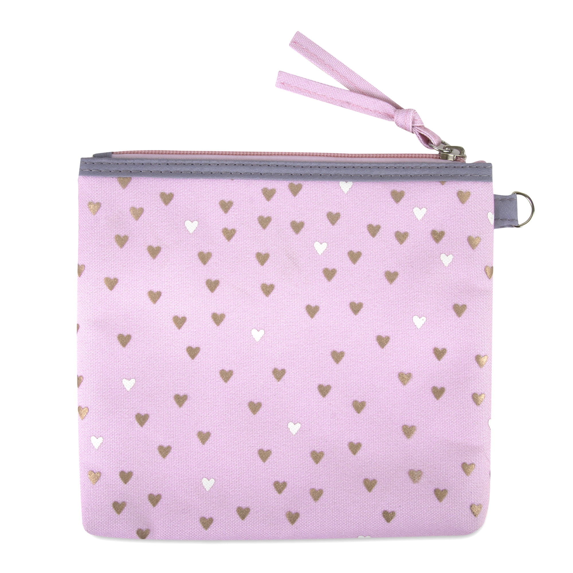 Baby Essentials 15.5”L 5 Piece Multi-Pocket Diaper Bag Backpack with Matching Changing Pad, Wipes Case, Insulated Bottle Bag & Organizer Pouch for Newborns, Infants & Toddlers in Pink & Gray Hearts