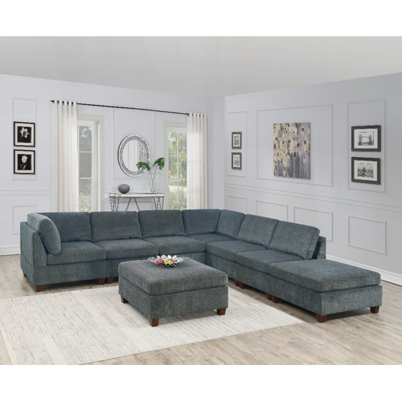 Living Room Sectional Sofas - 8pc Grey Chenille Set | Modern L-Sectional with Ottomans