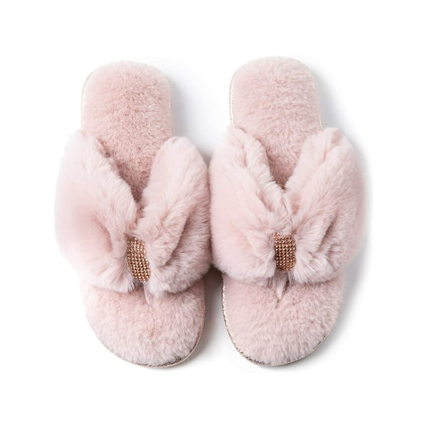 RockDove RockDove Women's Rhinestone Faux Fur Flip Flop House Slipper