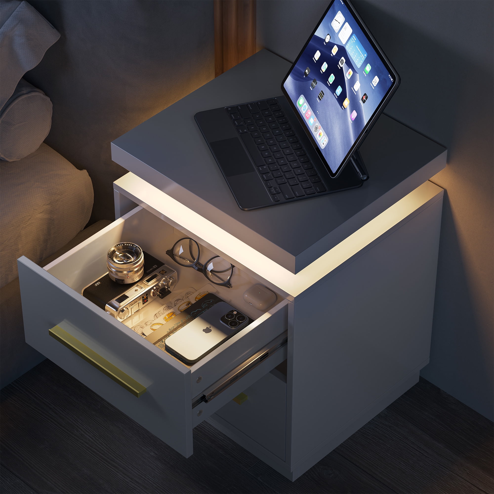 BELLEZE End Tables Set of 2, Nightstands Beside Tables with RF Remote-Controlled LED Lights, Two Drawers, and Gold Metal Handles for Bedroom or Living Room - Zoey (White)