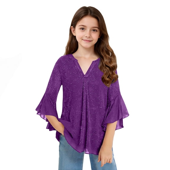 CQONEPT Girls Sequin Top Sparkly Dress Shirts 3/4 Ruffle Sleeve Blouses Casual Fashion V Neck Mesh Tunics Tops Purple 110