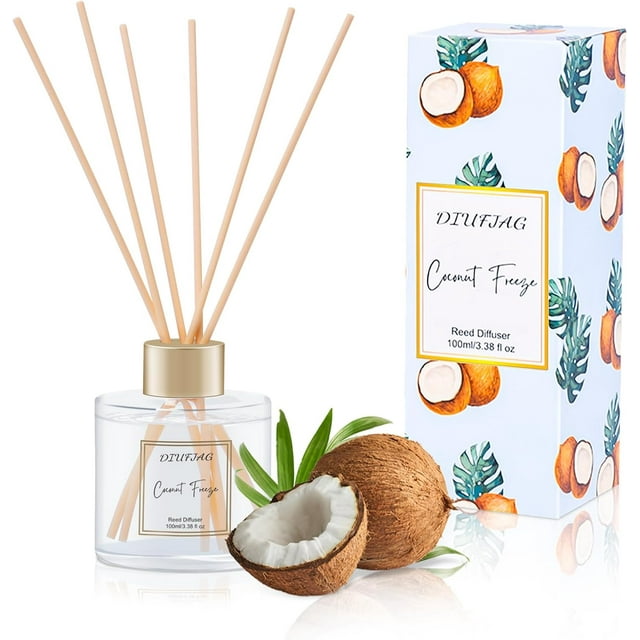 100ml Scent Diffuser with 6 Fiber Sticks, 3.5 oz Reed Diffuser Set Aromatherapy Fragrance Diffusers Air Fresheners for Home Bedroom Bathroom (Coconut)